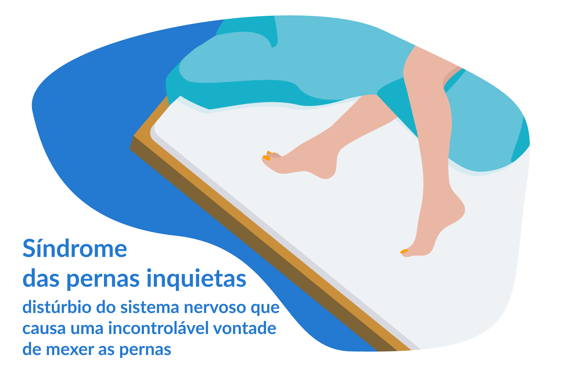 Ilustração das pernas de uma pessoa para fora do cobertor, com a frase: Síndrome das pernas inquietas - distúrbio do sistema nervoso que causa uma incontrolável vontade de mexer as pernas